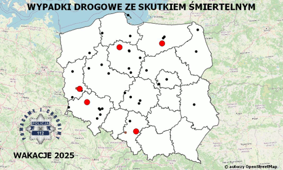 Policyjna mapa wypadków drogowych ze skutkiem śmiertelnym – Wakacje 2025