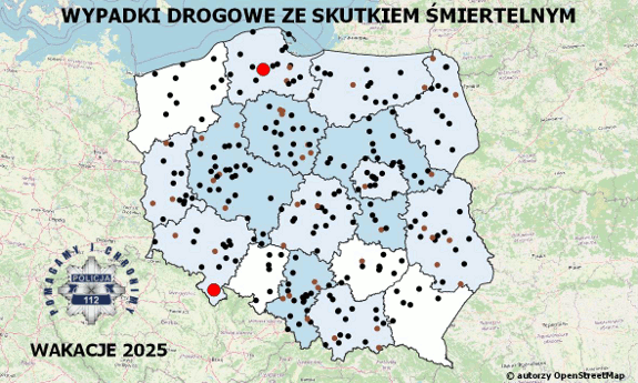 Policyjna mapa wypadków drogowych ze skutkiem śmiertelnym – Wakacje 2025